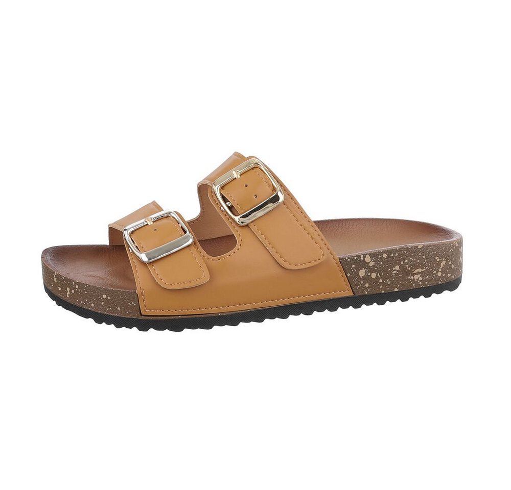 Ital-Design Damen Mules Freizeit Pantolette Flach Pantoletten in Camel
