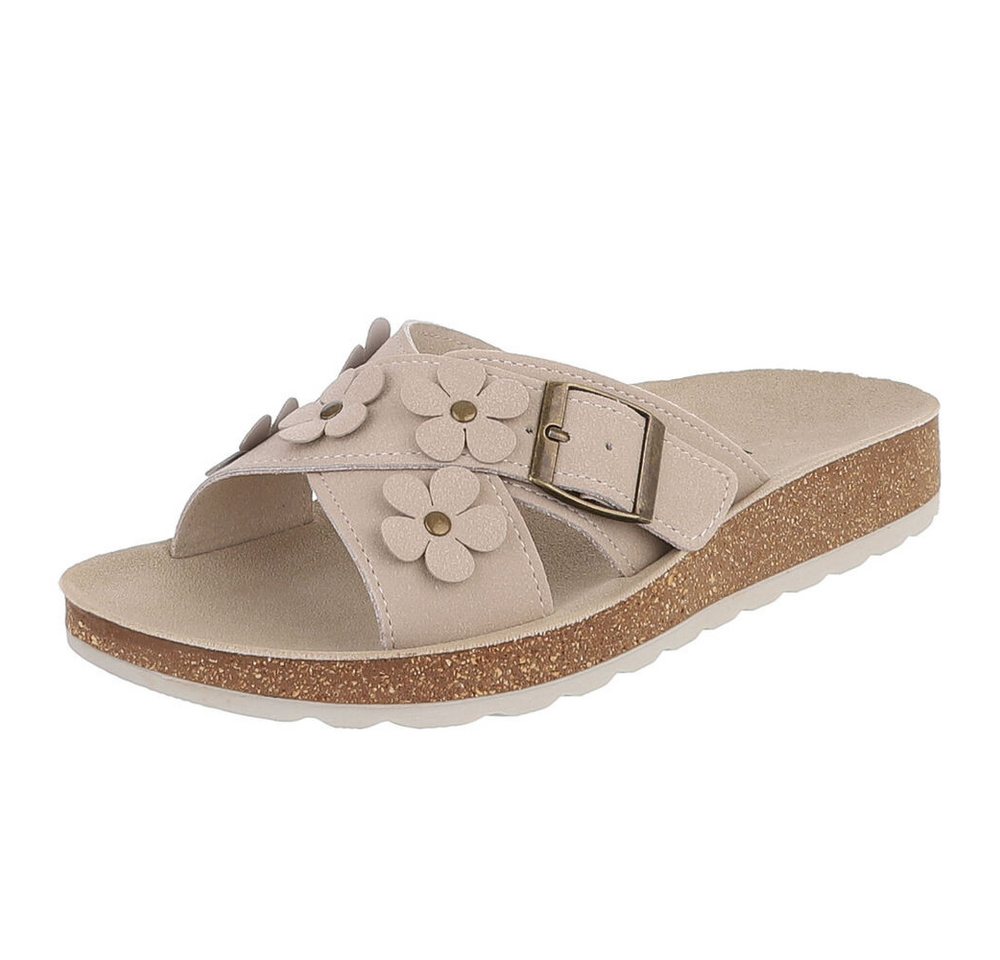 Ital-Design Damen Pantolette mit Blüten-Details und Schnalle Pantolette (92002759) Flach Pantoletten in Beige