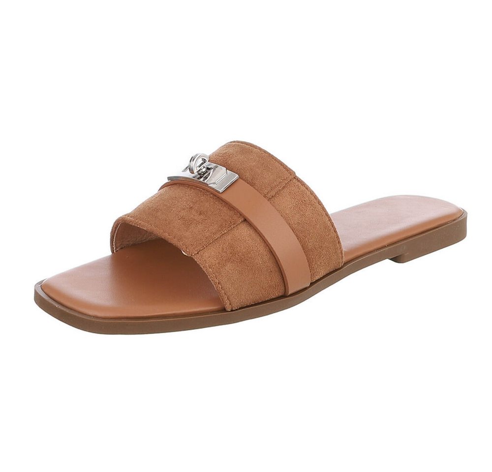 Ital-Design Damen Pantolette mit Metall-Detail und flachem Fußbett Pantolette (91742321) Blockabsatz Pantoletten in Camel