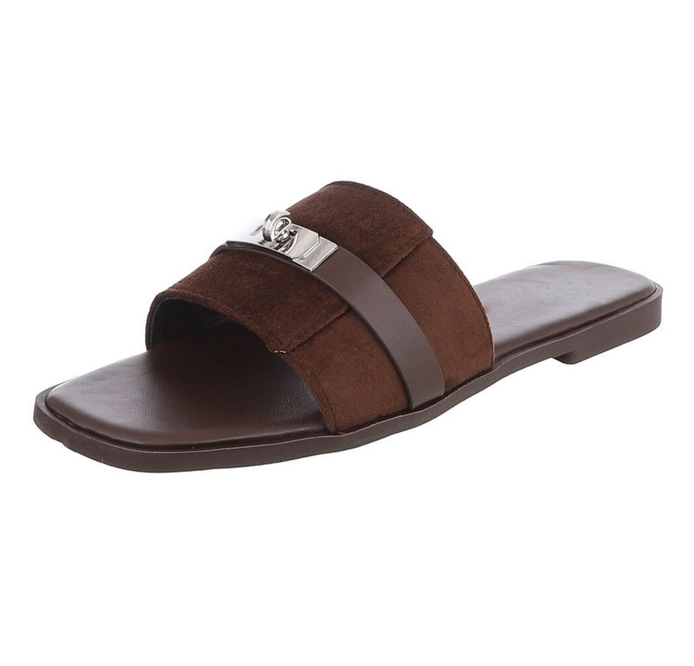 Ital-Design Damen Pantolette mit Metall-Detail und flachem Fußbett Pantolette (91742328) Blockabsatz Pantoletten in Braun
