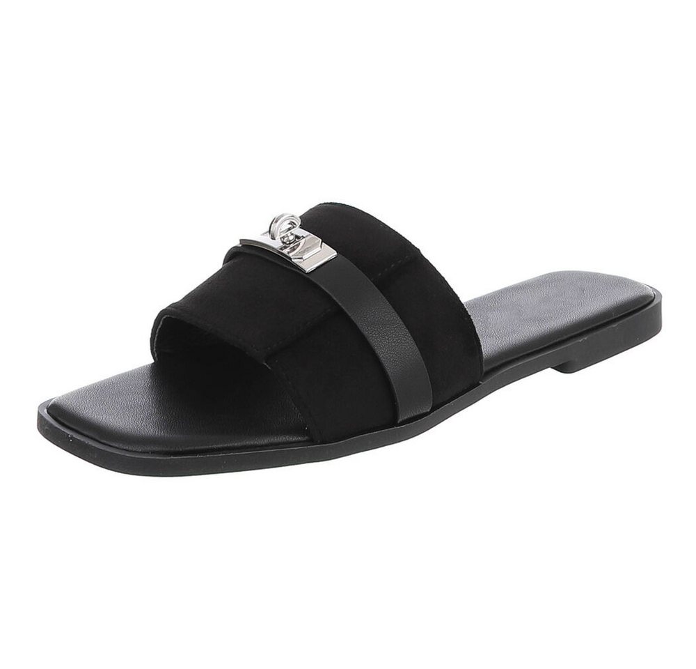Ital-Design Damen Pantolette mit Metall-Detail und flachem Fußbett Pantolette (91742335) Blockabsatz Pantoletten in Schwarz