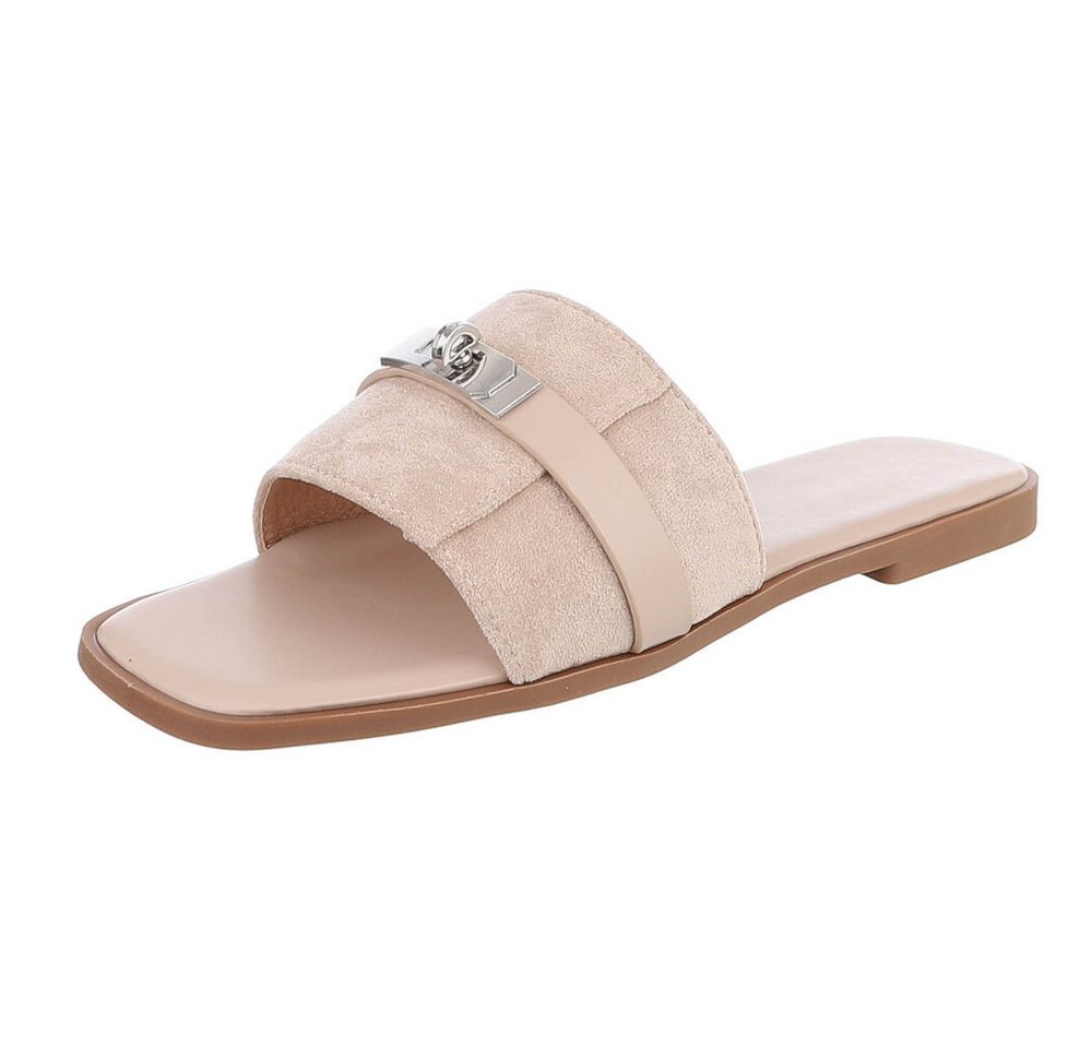 Ital-Design Damen Pantolette mit Metall-Detail und flachem Fußbett Pantolette (91742339) Blockabsatz Pantoletten in Beige