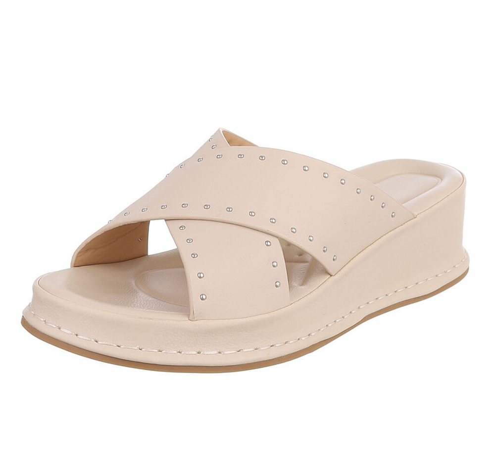 Ital-Design Damen Pantolette mit Nieten und Keilsohle Plateausandaletten (91971077) Keilabsatz/Wedge Keilsandaletten in Beige