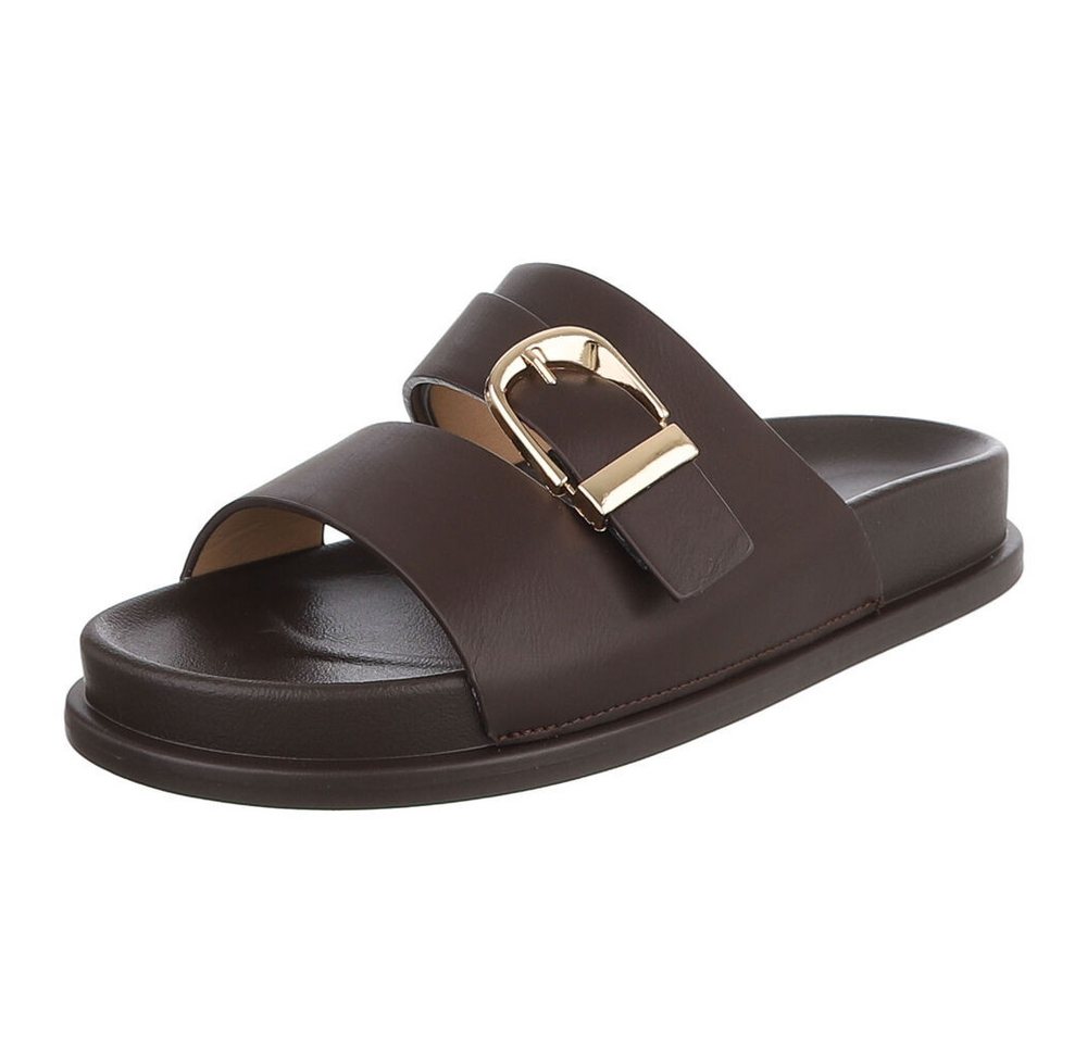Ital-Design Damen Pantolette mit Schnalle, bequem und modern Pantolette (91971092) Flach Pantoletten in Braun