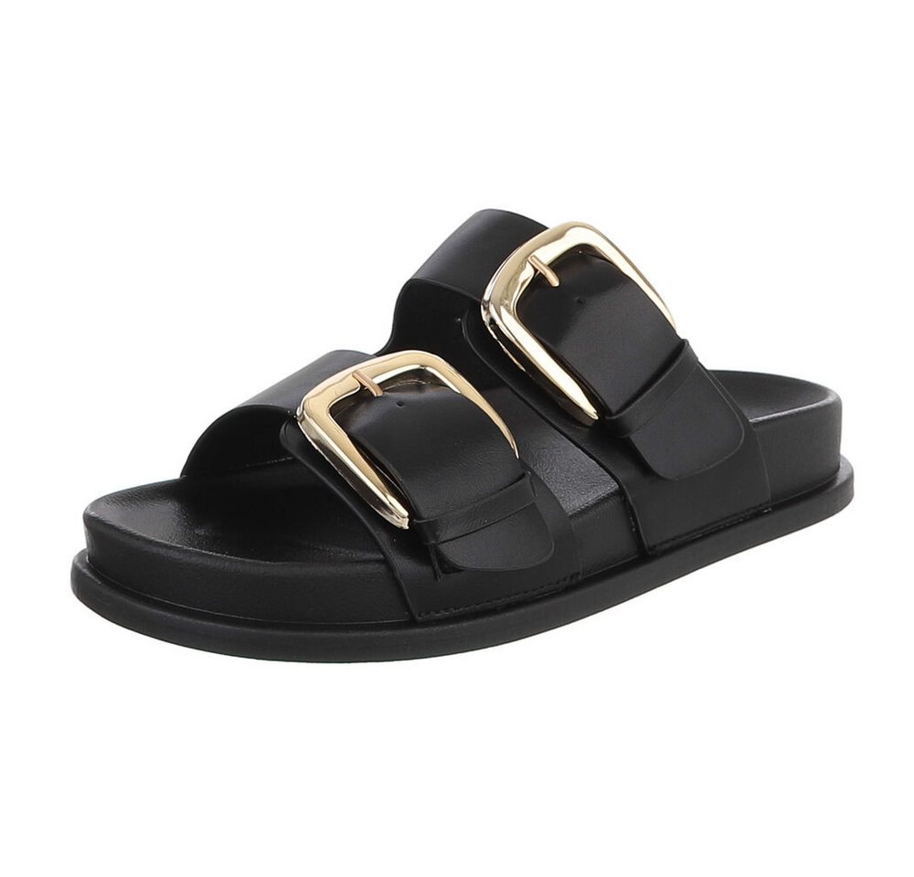 Ital-Design Damen Pantolette mit Schnallen und Fußbett Pantolette (91971030) Flach Pantoletten in Schwarz