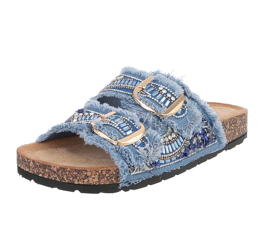Ital-Design Damen Pantolette mit Schnallen und Komfortfußbett Pantolette (91742249) Flach Pantoletten in Blau