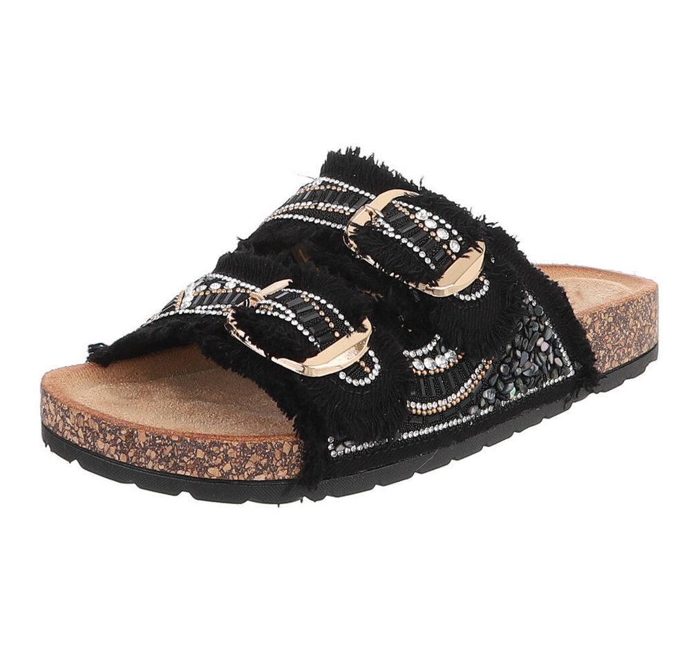 Ital-Design Damen Pantolette mit Schnallen und Komfortfußbett Pantolette (91742252) Flach Pantoletten in Schwarz