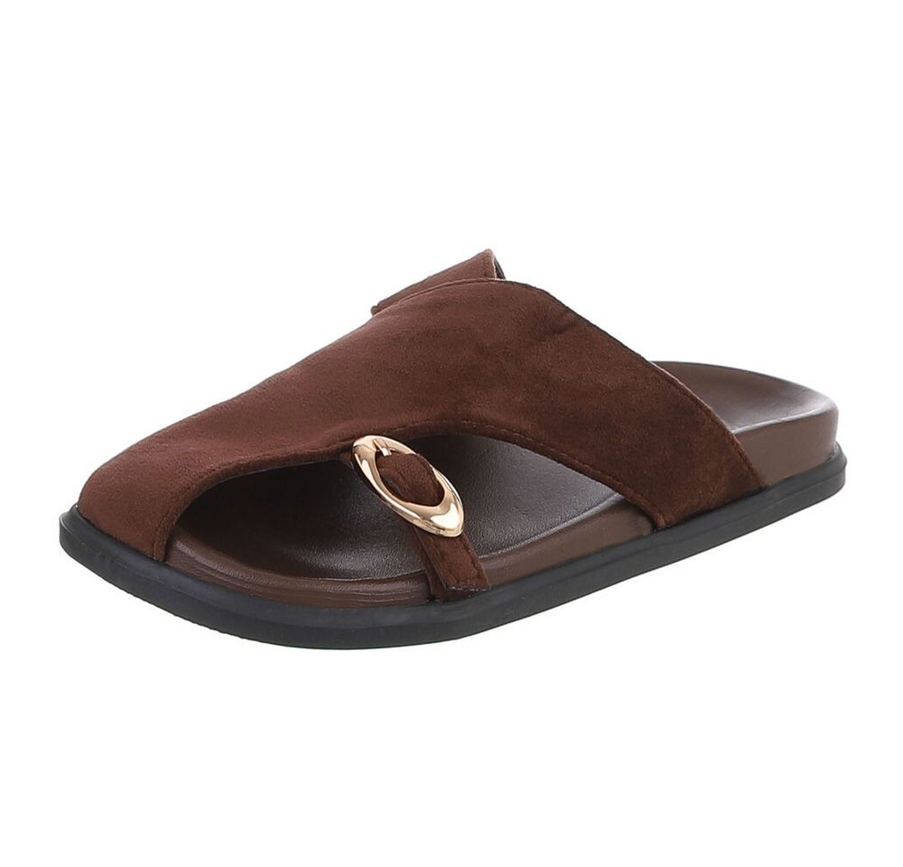 Ital-Design Damen Pantoletten mit Metallschließe & Komfortsohle Pantolette (91849008) Flach Pantoletten in Braun