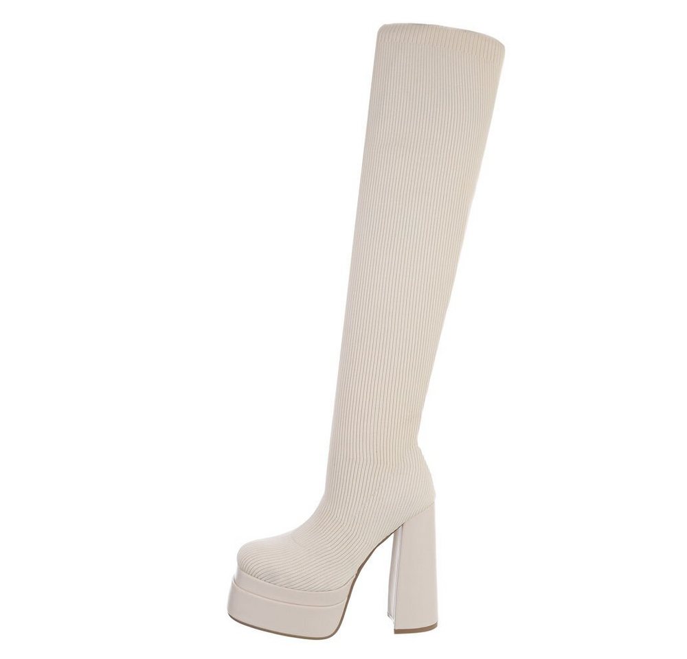 Ital-Design Damen Party & Clubwear Overkneestiefel Blockabsatz High-Heel Stiefel in Beige