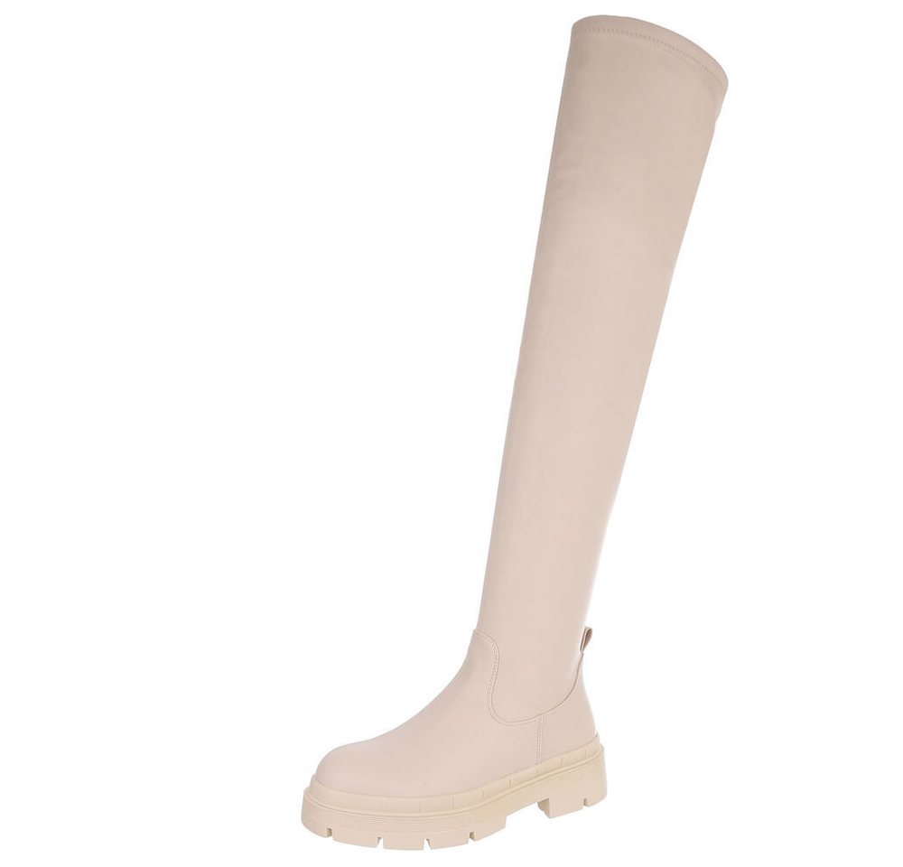 Ital-Design Damen Party & Clubwear Plateaustiefel (78059864) Blockabsatz Overknees in Beige
