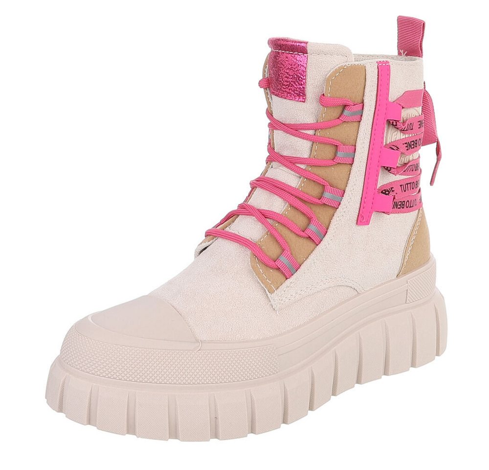 Ital-Design Damen Plateau-Bootie mit Schnürung und Riemen-Details Schnürstiefelette (92078923) Keilabsatz/Wedge Sneakers High in Beige