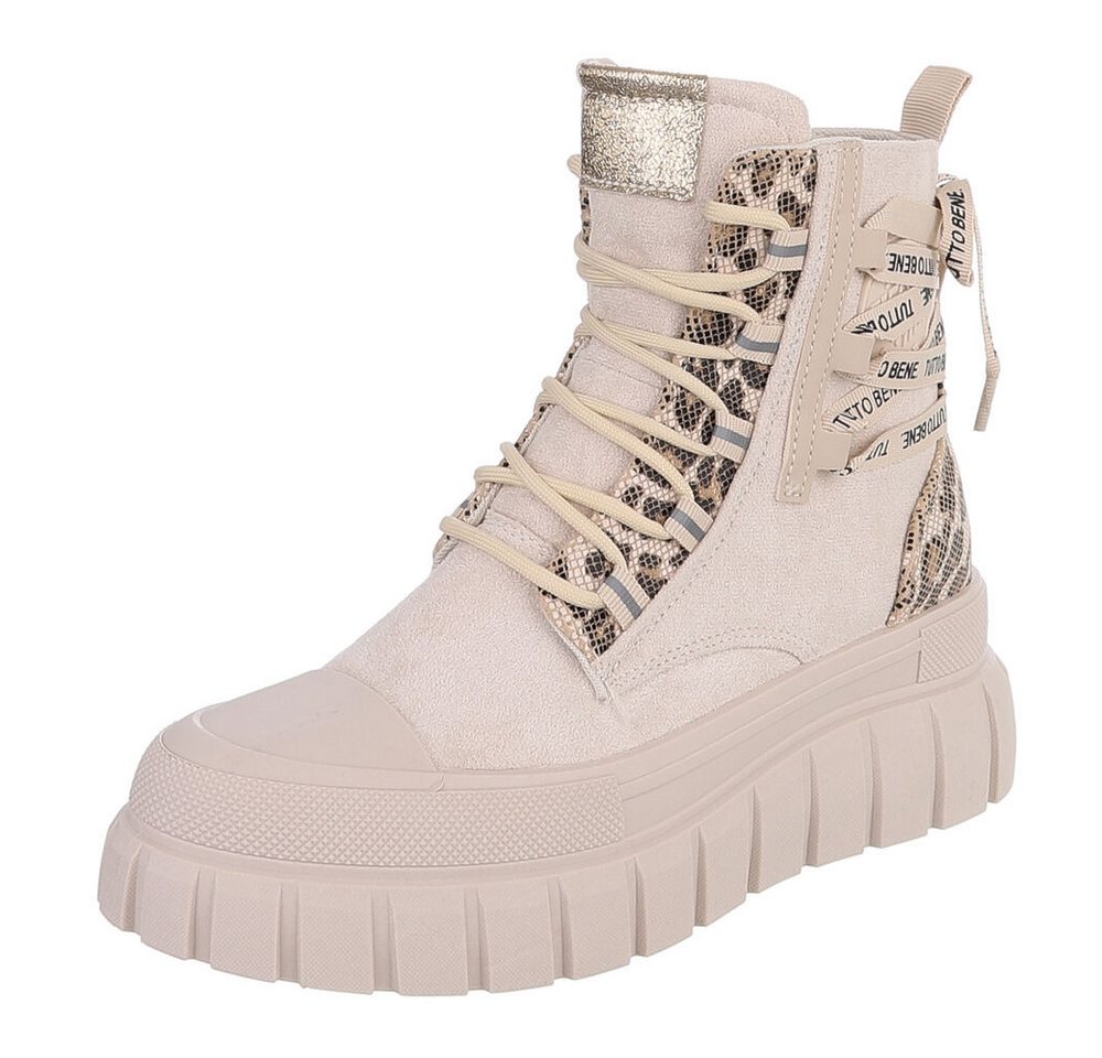 Ital-Design Damen Plateau-Bootie mit Schnürung und Riemen-Details Schnürstiefelette (92078948) Keilabsatz/Wedge Sneakers High in Beige