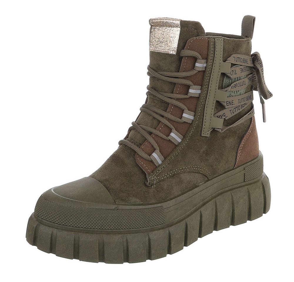 Ital-Design Damen Plateau-Bootie mit Schnürung und Riemen-Details Schnürstiefelette (92078930) Keilabsatz/Wedge Sneakers High in Grün