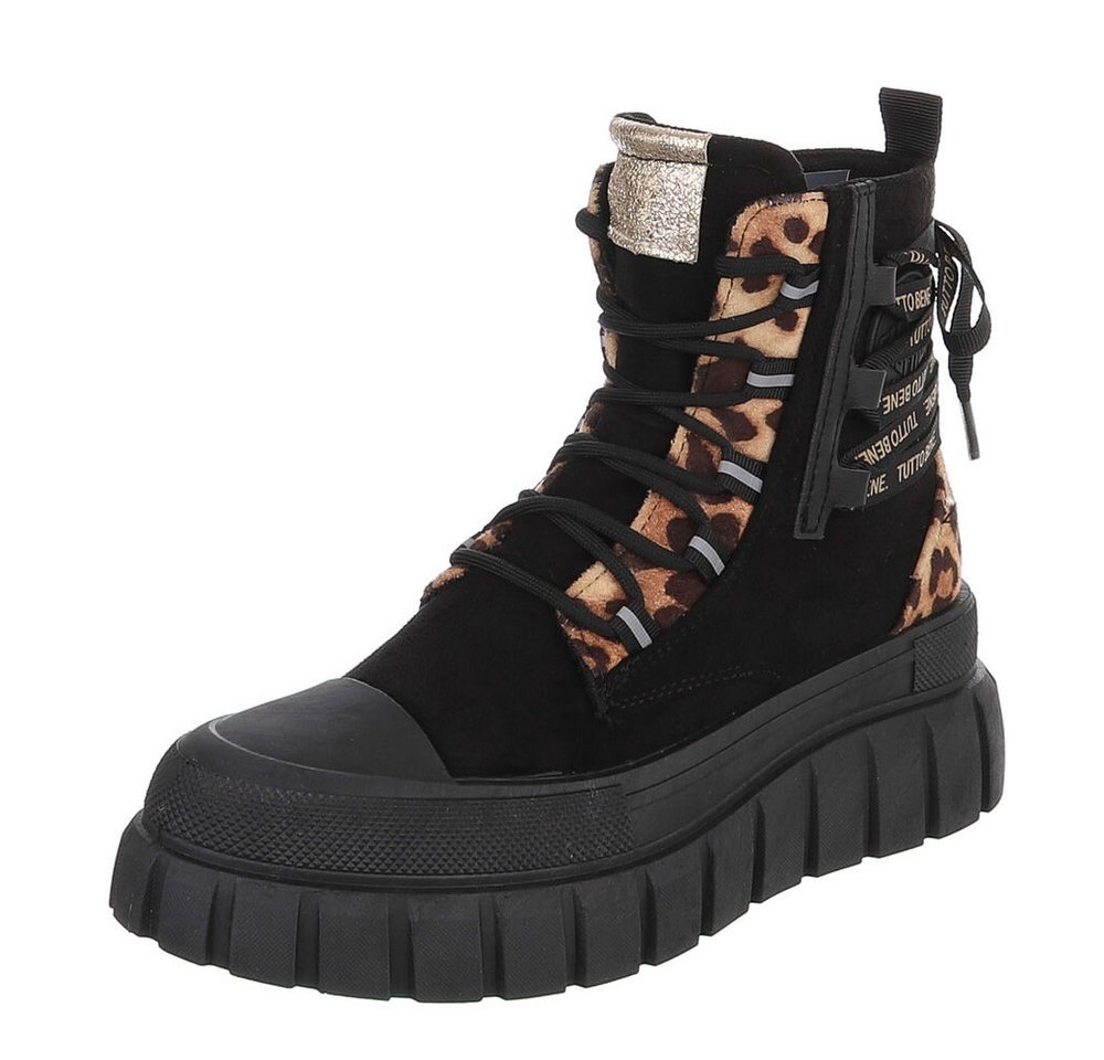 Ital-Design Damen Plateau-Bootie mit Schnürung und Riemen-Details Schnürstiefelette (92078944) Keilabsatz/Wedge Sneakers High in Schwarz
