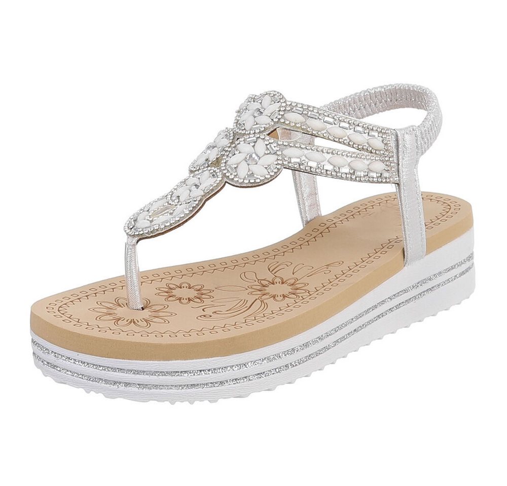 Ital-Design Damen Plateau-Flip-Flop mit Schmucksteinen Zehentrenner (91970827) Keilabsatz/Wedge Keilsandaletten in Silber