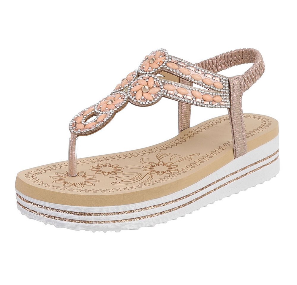 Ital-Design Damen Plateau-Flip-Flop mit Schmucksteinen Zehentrenner (91970840) Keilabsatz/Wedge Keilsandaletten in Champagner