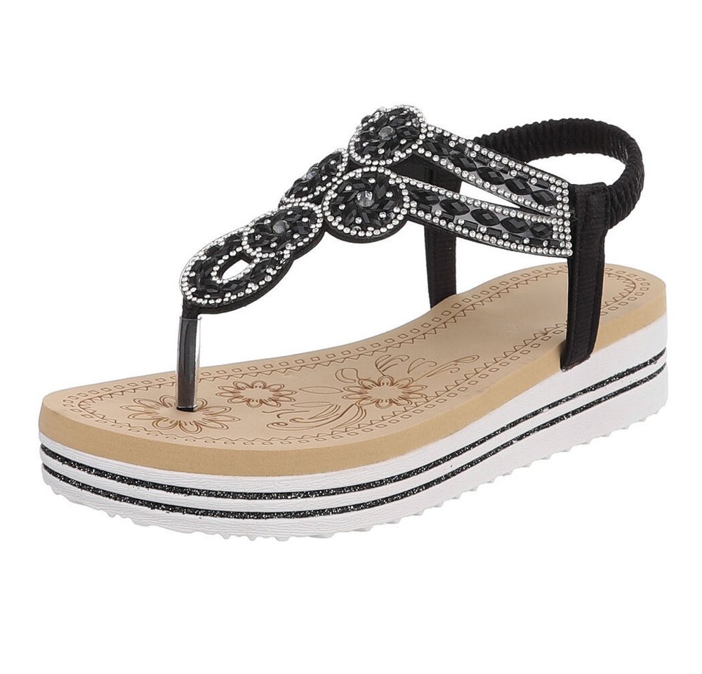 Ital-Design Damen Plateau-Flip-Flop mit Schmucksteinen Zehentrenner (91970845) Keilabsatz/Wedge Keilsandaletten in Schwarz