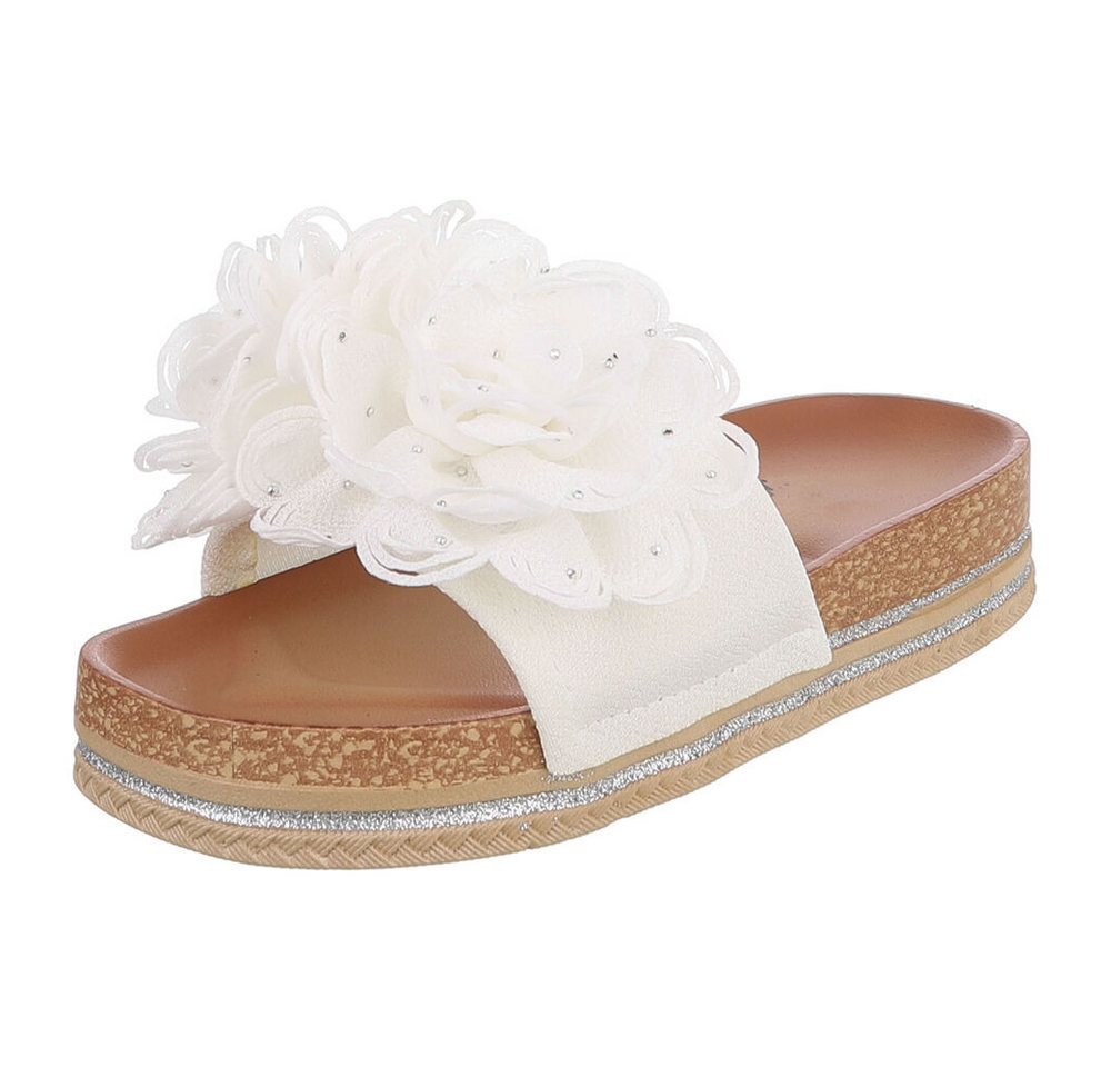 Ital-Design Damen Plateau-Pantolette mit Blütenapplikation Plateausandaletten (91849017) Flach Pantoletten in Weiß