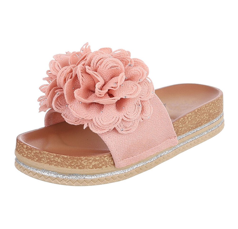 Ital-Design Damen Plateau-Pantolette mit Blütenapplikation Plateausandaletten (91849027) Flach Pantoletten in Altrosa