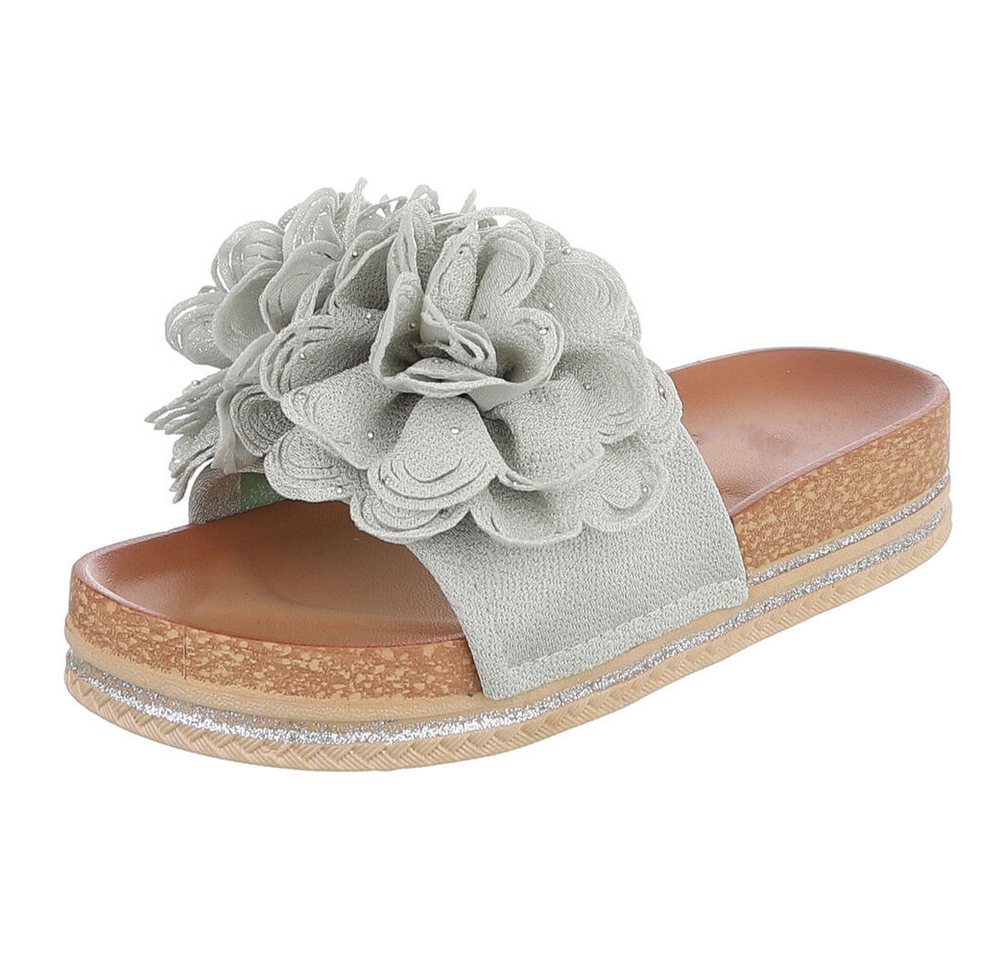 Ital-Design Damen Plateau-Pantolette mit Blütenapplikation Plateausandaletten (91849032) Flach Pantoletten in Hellgrün