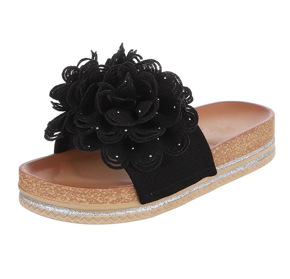 Ital-Design Damen Plateau-Pantolette mit Blütenapplikation Plateausandaletten (91849035) Flach Pantoletten in Schwarz