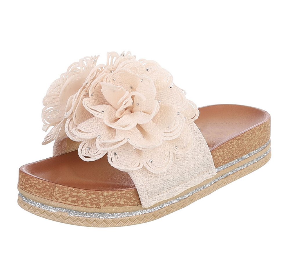 Ital-Design Damen Plateau-Pantolette mit Blütenapplikation Plateausandaletten (91849041) Flach Pantoletten in Beige