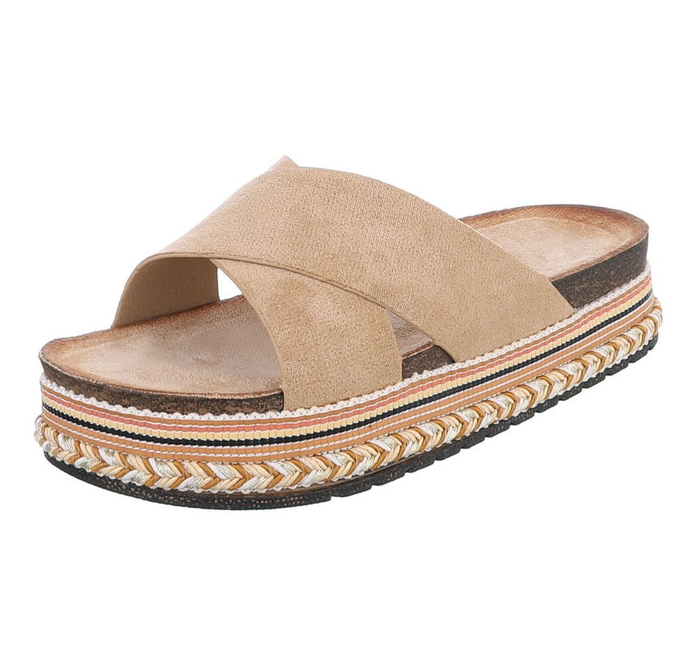 Ital-Design Damen Plateau-Pantolette mit Kreuzbanddesign Plateausandaletten (91895566) Flach Pantoletten in Hellbraun