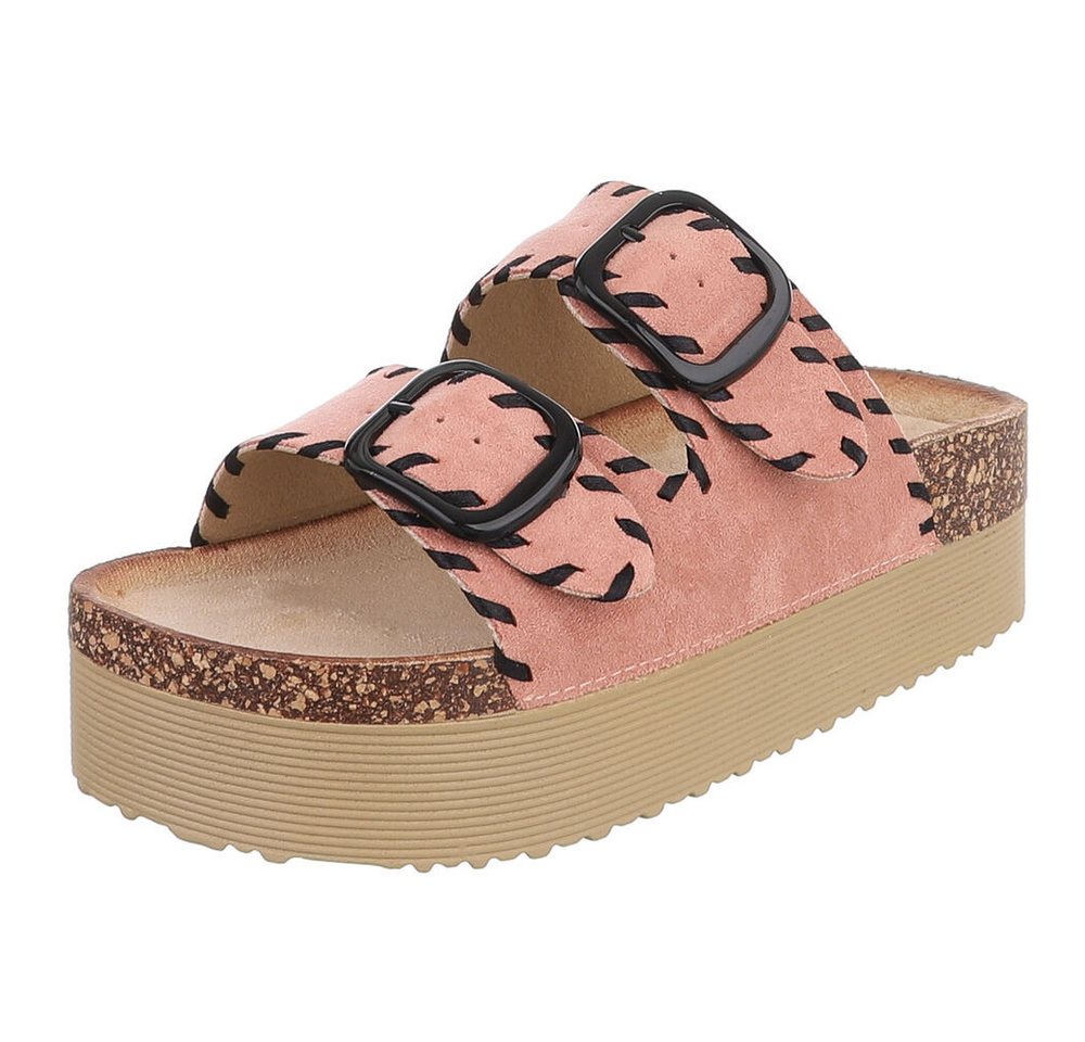 Ital-Design Damen Plateau-Pantolette mit Schnallen und Zierprägung Plateausandaletten (91895599) Flach Pantoletten in Altrosa