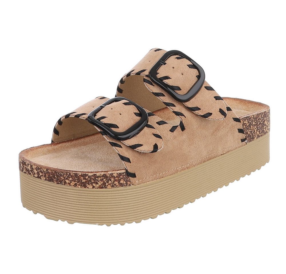 Ital-Design Damen Plateau-Pantolette mit Schnallen und Zierprägung Plateausandaletten (91895605) Flach Pantoletten in Hellbraun