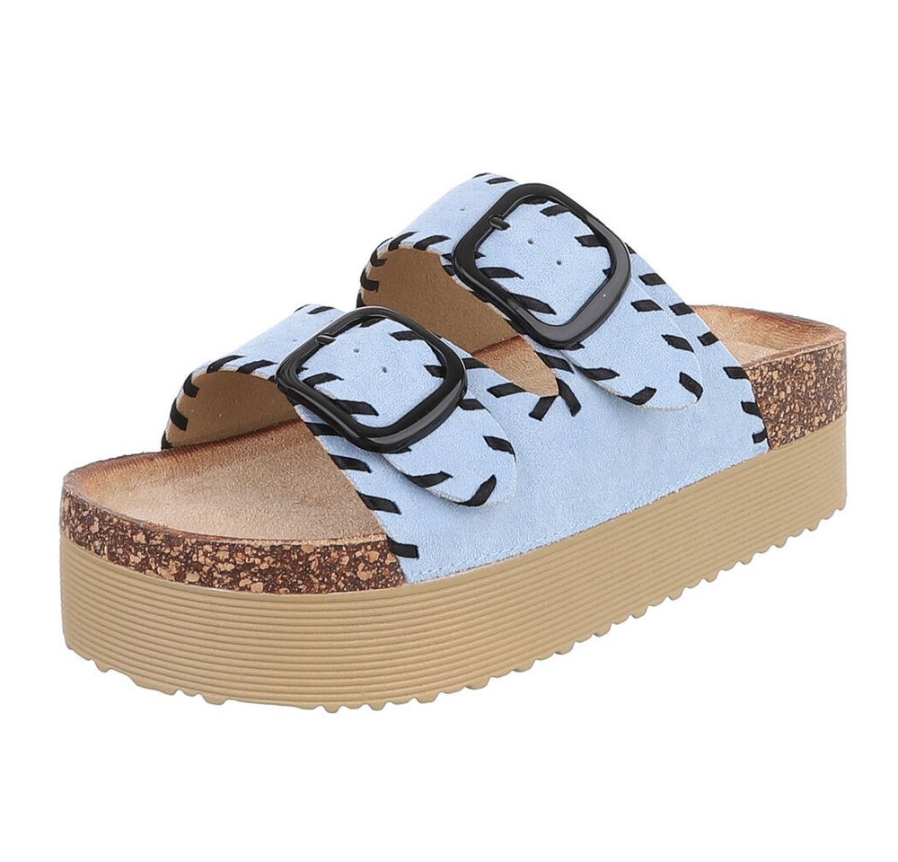 Ital-Design Damen Plateau-Pantolette mit Schnallen und Zierprägung Plateausandaletten (91895606) Flach Pantoletten in Hellblau
