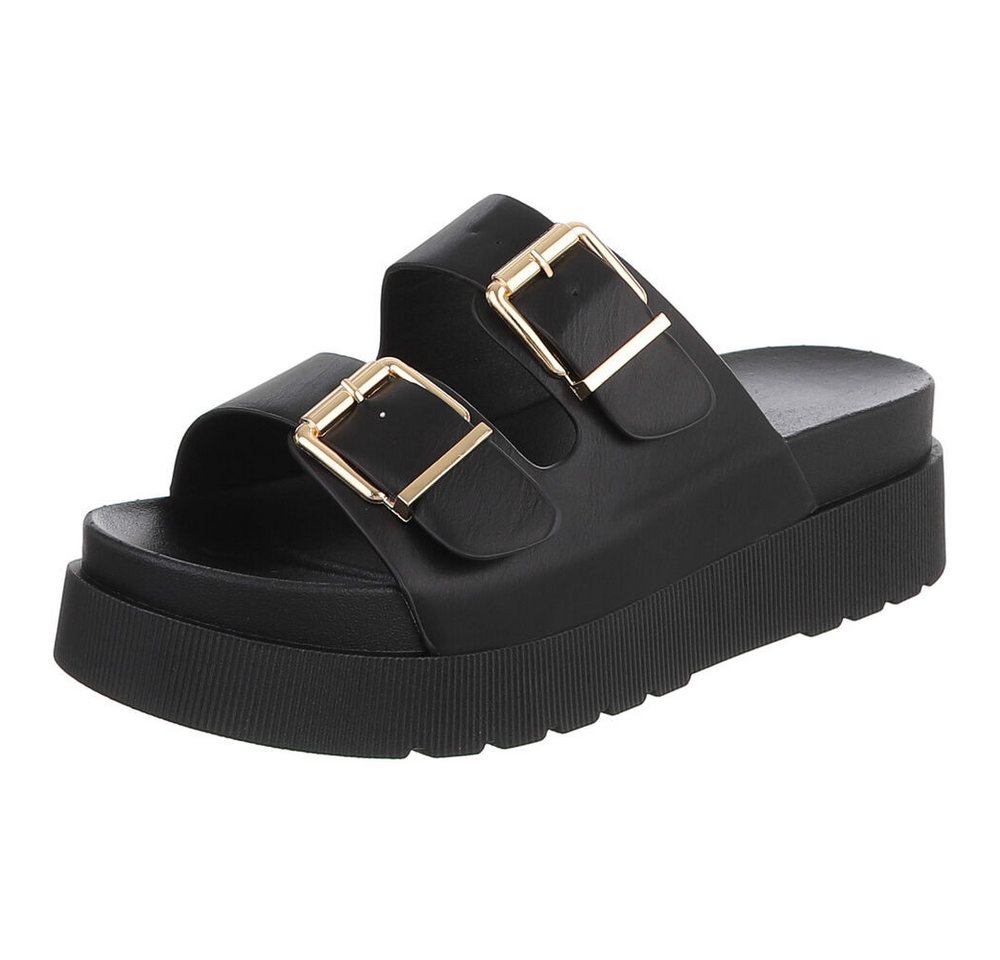 Ital-Design Damen Plateau-Pantoletten mit Doppelriemen & Schnalle Plateausandaletten (91971057) Keilabsatz/Wedge Keilsandaletten in Schwarz