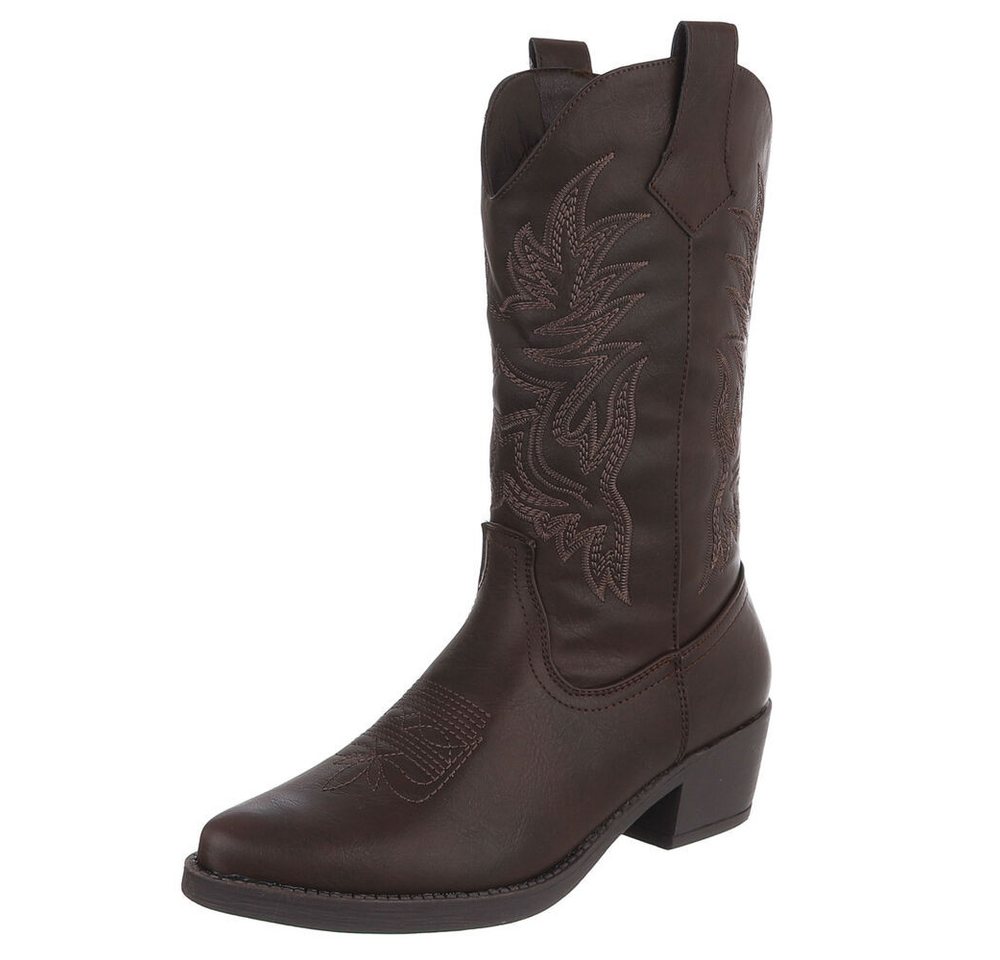 Ital-Design Damen Plateau Sandale Slip-on mit offener Zehenpartie Westernstiefel (91849201) Blockabsatz Stiefel in Braun