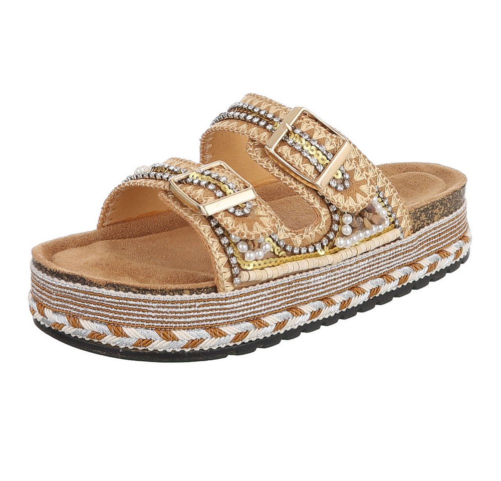 Ital-Design Damen Plateau Sandalette mit Schnallen & Zierdetails Plateausandaletten (91895640) Flach Pantoletten in Camel