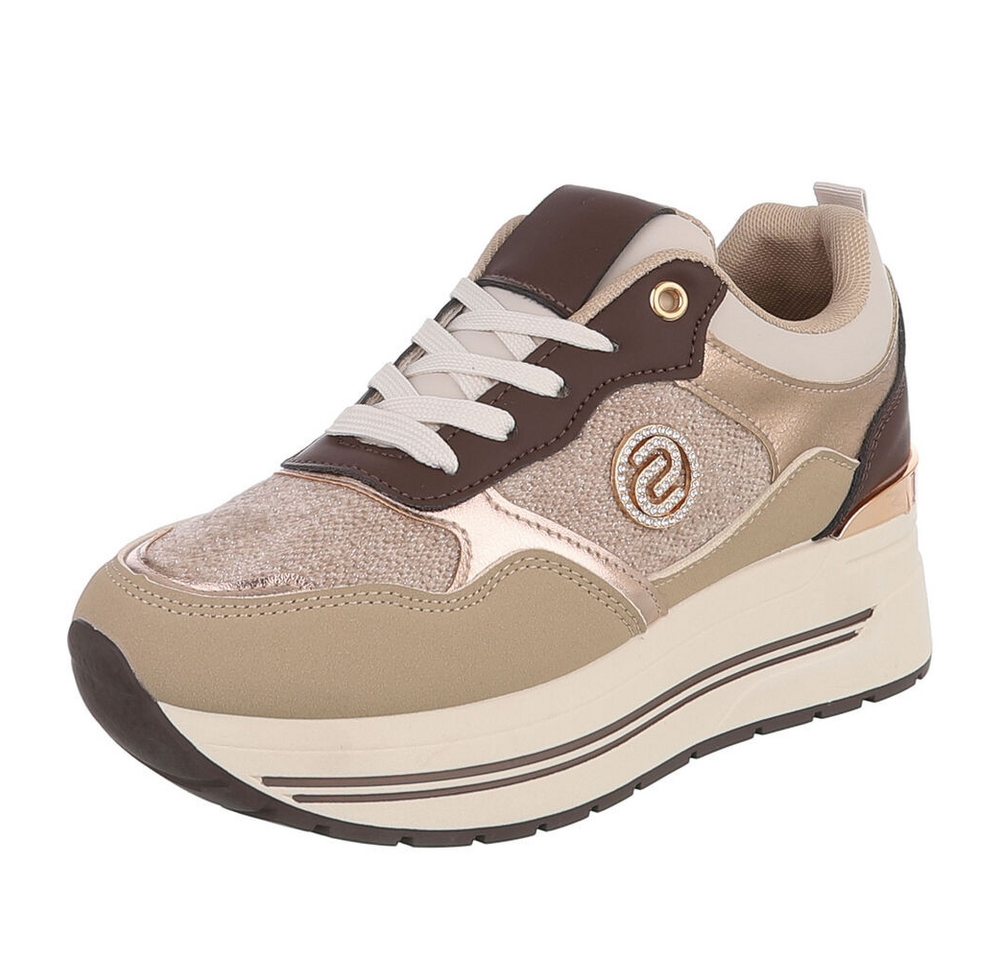 Ital-Design Damen Plateau-Sneaker mit Schnürung und Materialmix Sneaker (92002660) Keilabsatz/Wedge Sneakers Low in Beige