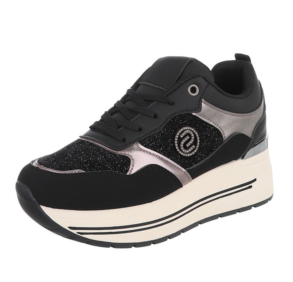 Ital-Design Damen Plateau-Sneaker mit Schnürung und Materialmix Sneaker (92002671) Keilabsatz/Wedge Sneakers Low in Schwarz
