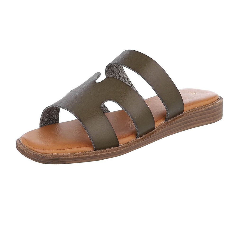 Ital-Design Damen Sandale mit breiten Riemen und bequemer Innensohle Pantolette (91409312) Keilabsatz/Wedge Pantoletten in Khaki