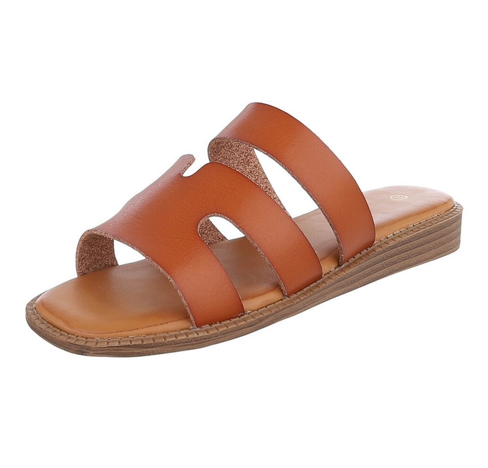 Ital-Design Damen Sandale mit breiten Riemen und bequemer Innensohle Pantolette (91409316) Keilabsatz/Wedge Pantoletten in Camel
