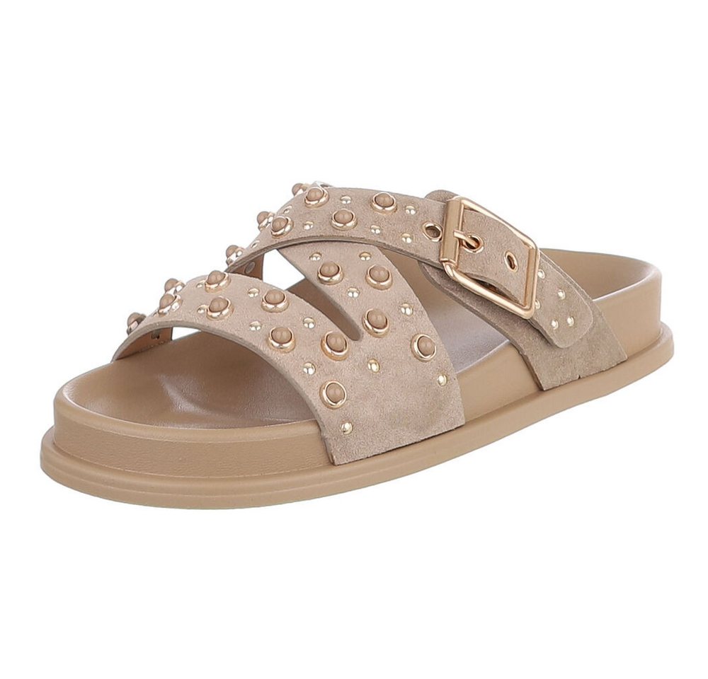 Ital-Design Damen Sandale mit Nieten und Schnallenverschluss Pantolette (91848968) Flach Pantoletten in Hellbraun