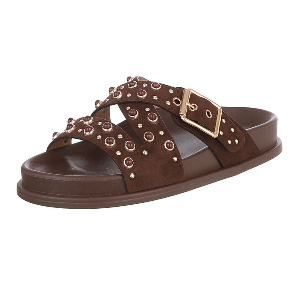 Ital-Design Damen Sandale mit Nieten und Schnallenverschluss Pantolette (91848970) Flach Pantoletten in Braun