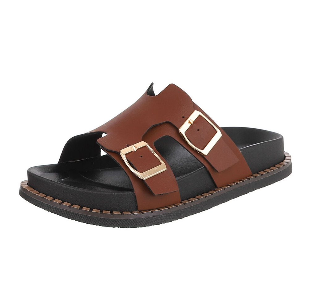 Ital-Design Damen Sandale mit Schnallen und Profilsohle Pantolette (91970956) Flach Pantoletten in Braun