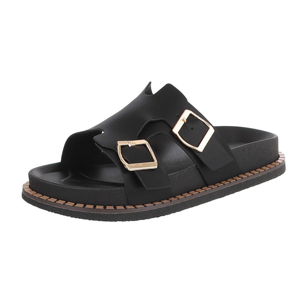 Ital-Design Damen Sandale mit Schnallen und Profilsohle Pantolette (91970966) Flach Pantoletten in Schwarz
