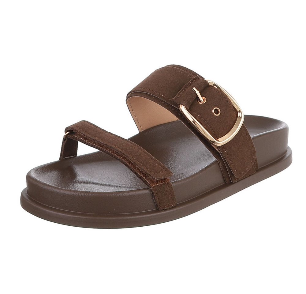 Ital-Design Damen Sandalen mit Schnalle und Komfortsohle Pantolette (91970977) Flach Pantoletten in Braun