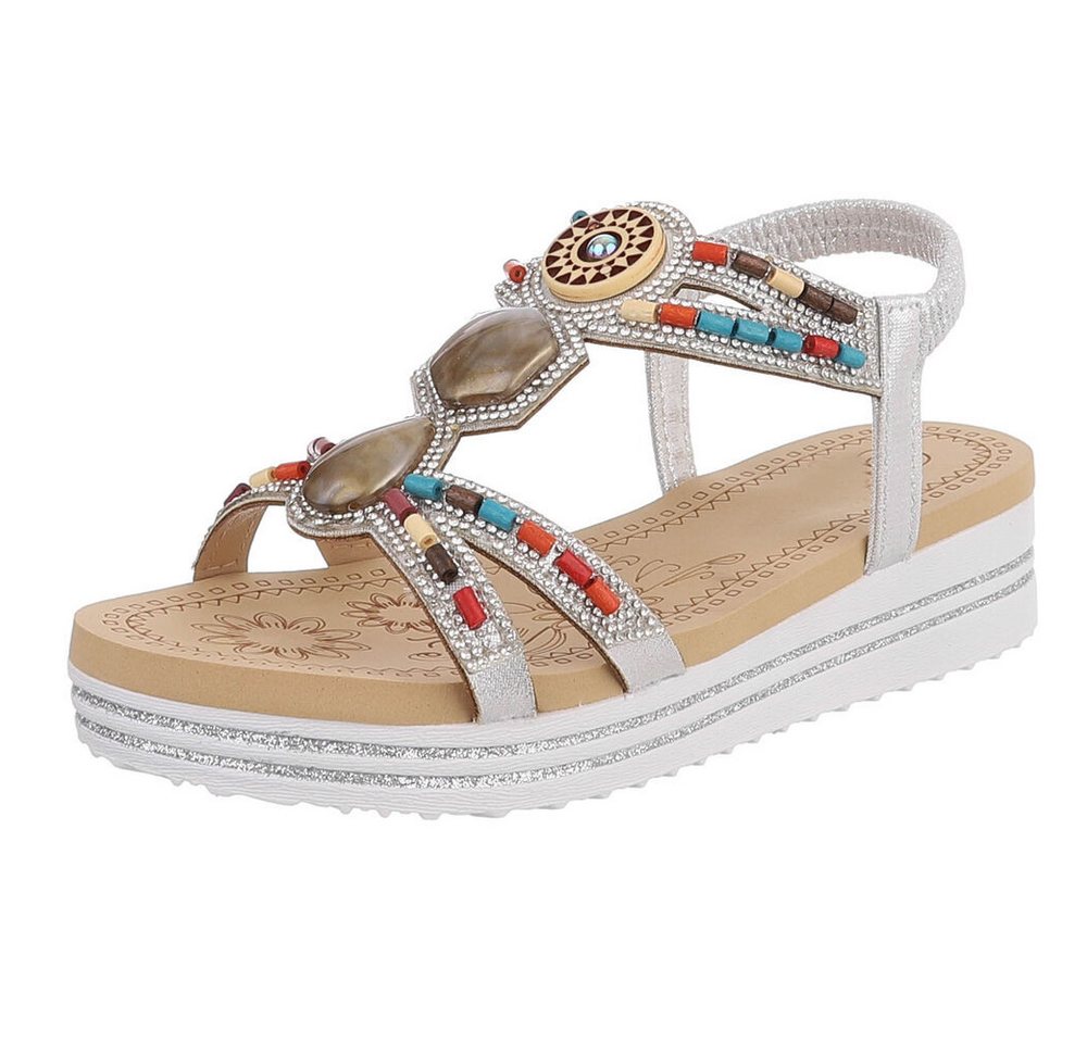 Ital-Design Damen Sandalen mit Stein- und Perlenverzierungen, Freizeit Plateausandaletten (91512191) Keilabsatz/Wedge Keilsandaletten in Silber