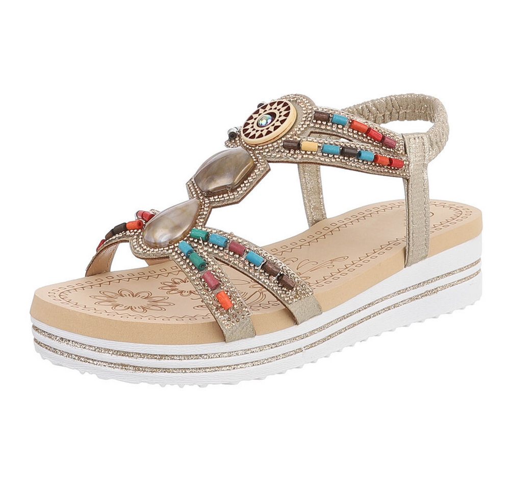 Ital-Design Damen Sandalen mit Stein- und Perlenverzierungen, Freizeit Plateausandaletten (91512196) Keilabsatz/Wedge Keilsandaletten in Gold