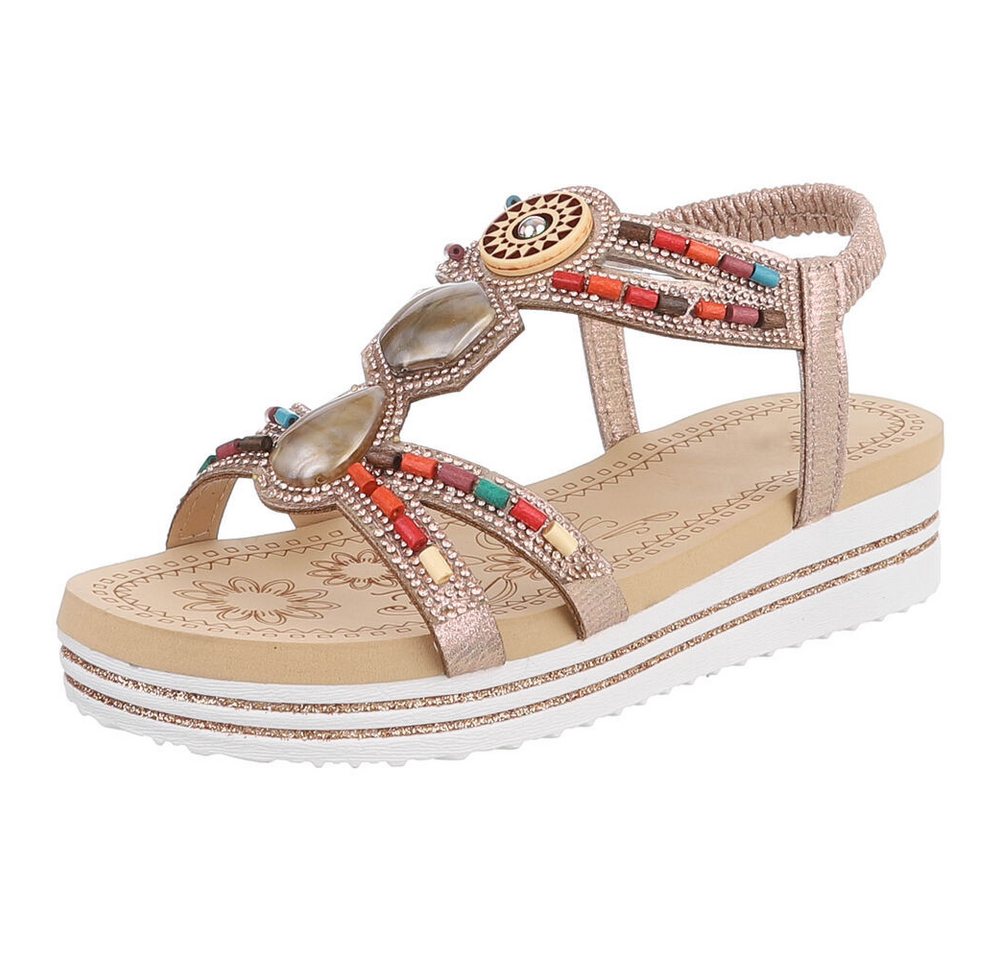 Ital-Design Damen Sandalen mit Stein- und Perlenverzierungen, Freizeit Plateausandaletten (91512200) Keilabsatz/Wedge Keilsandaletten in Champagner
