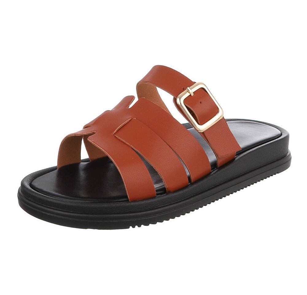Ital-Design Damen Sandalenslipper mit Schnalle und Profilsohle Pantolette (91742401) Keilabsatz/Wedge Pantoletten in Camel