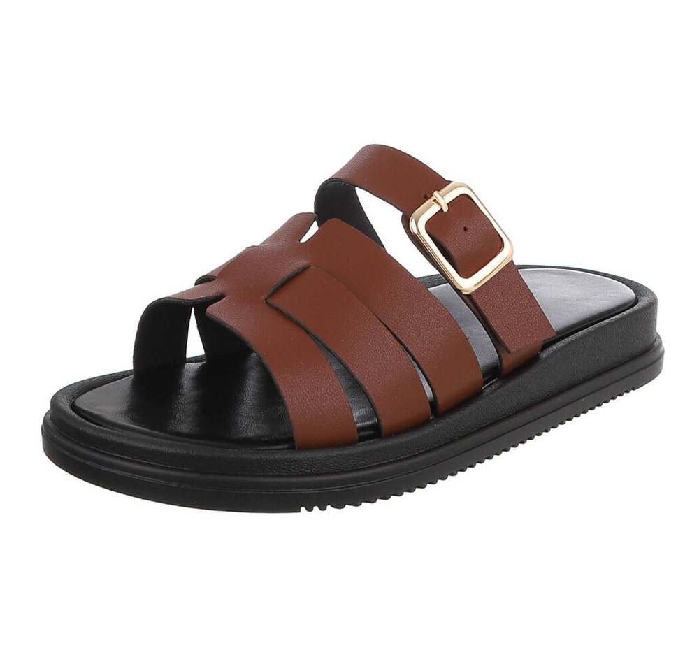 Ital-Design Damen Sandalenslipper mit Schnalle und Profilsohle Pantolette (91742410) Keilabsatz/Wedge Pantoletten in Braun
