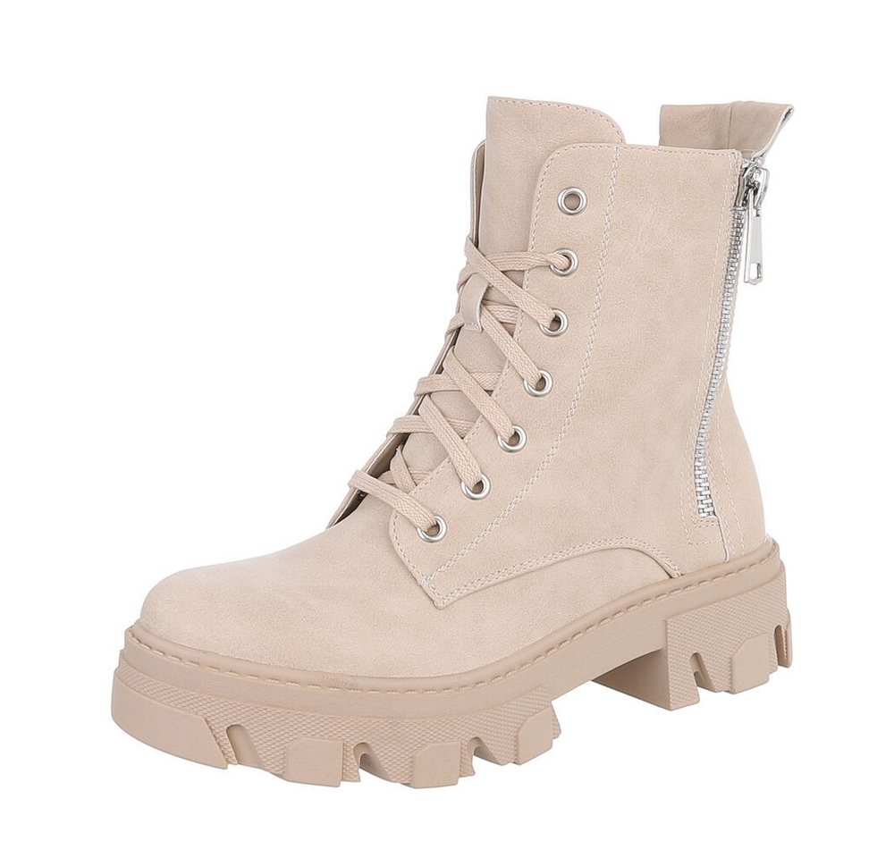 Ital-Design Damen Schnürschuhe Biker Schnürstiefelette (87118214) Blockabsatz Plateaustiefeletten in Beige