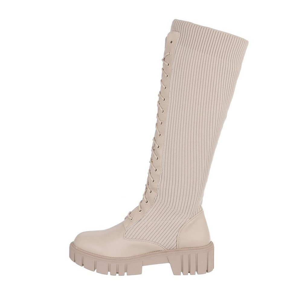 Ital-Design Damen Schnürschuhe Freizeit Plateaustiefel (84633813) Blockabsatz Schnürstiefel in Beige
