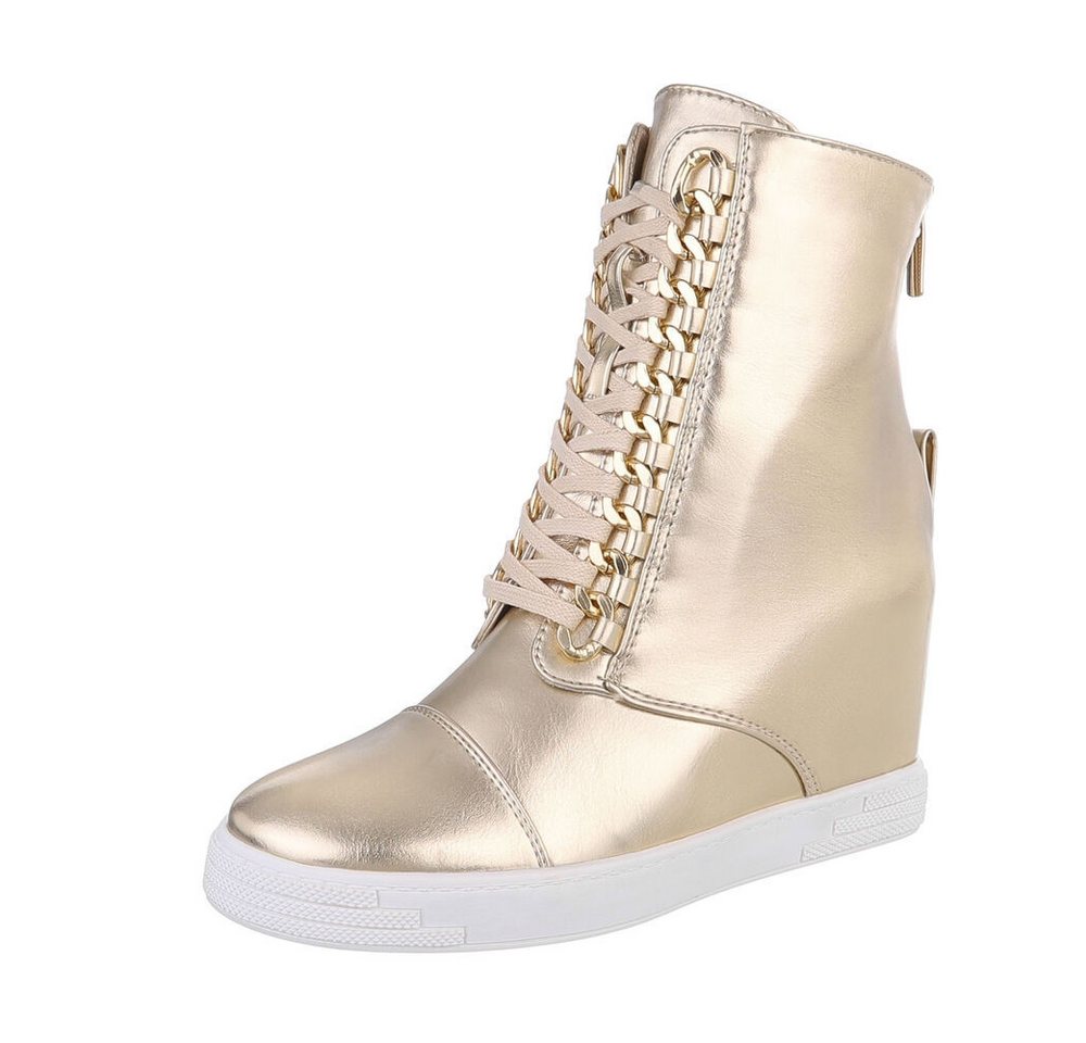 Ital-Design Damen Schnürschuhe Freizeit Schnürstiefelette (87108892) Keilabsatz/Wedge High-Heel Stiefeletten in Gold